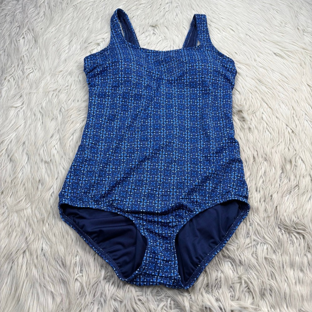 NWT Lands' End Women's 16 Blue Mosaic One Piece Swimsuit Classic Preppy